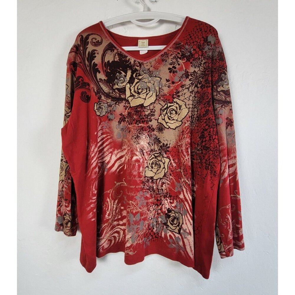 Jess & Jane Womens Savanna Rose Studded T-Shirt 3/4 Sleeve V-Neck Red Floral